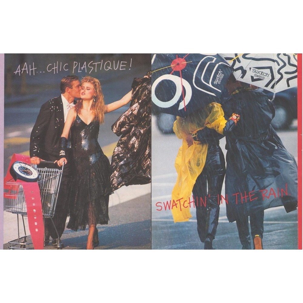 Vintage 1985 Swatch Watch Print Ad Chic Plastique Swatchin' In The Rain 2 Pages